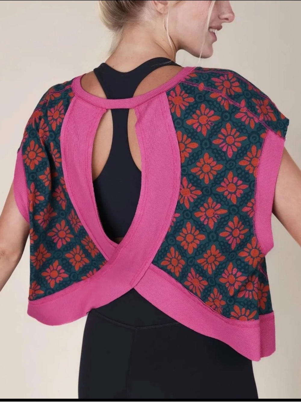 NATURAL LIFE Pink-Trim Floral Open-Back Knit my time tee XL
